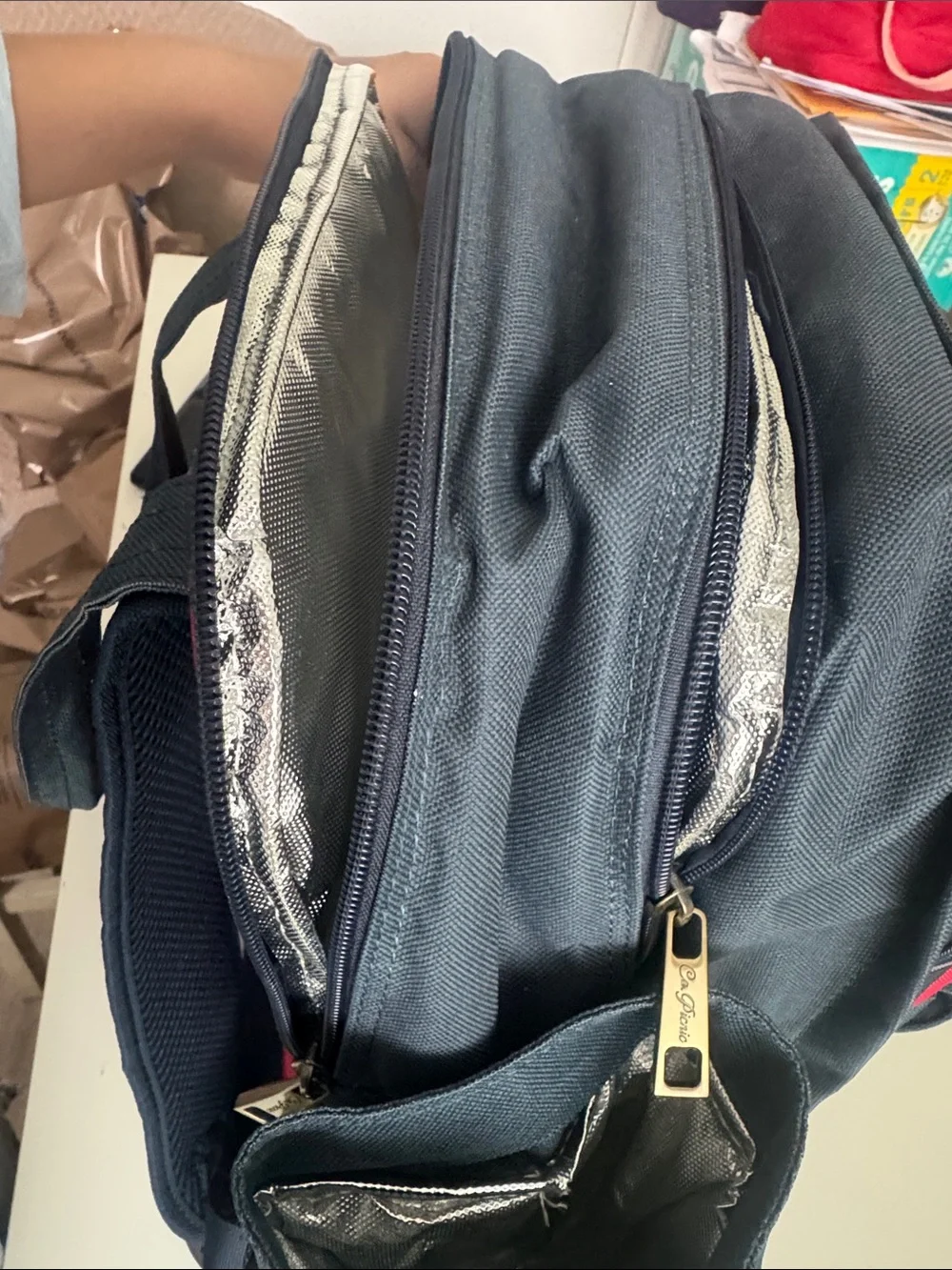 Navy and Red Canvas Backpack with Brown Trim